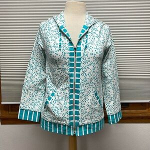 Weekends by Chico’s Turquoise White Leopard Ways Stripe-Trim Zip-Up Jacket